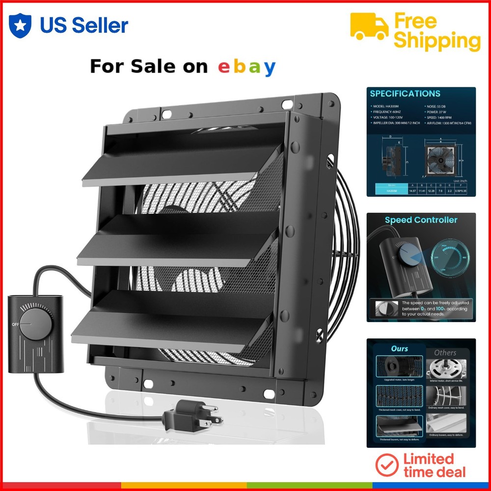 12 Inch High Speed Black Exhaust Fan 764 CFM with Speed Controller