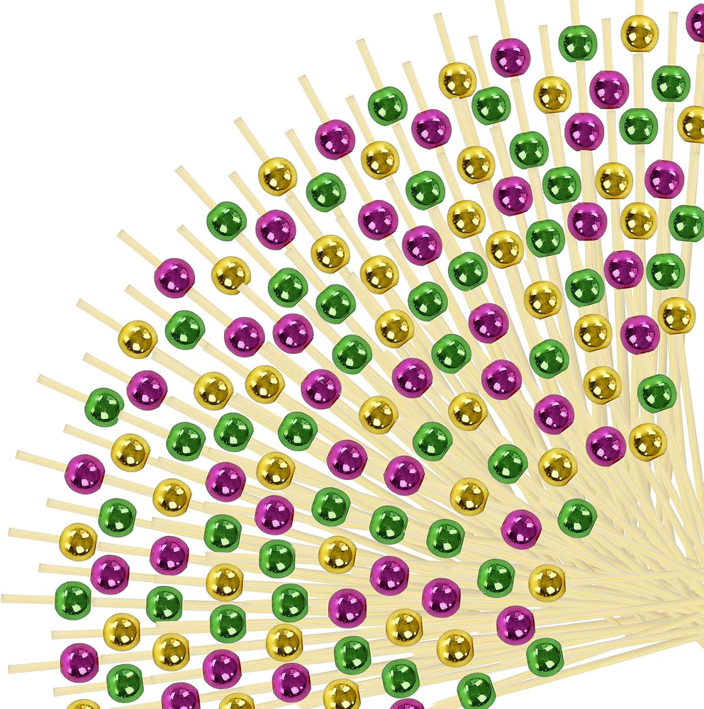 200Pcs Mardi Gras Cocktail Picks,Green Purple Gold Mardi Gras Beads Toothpicks f