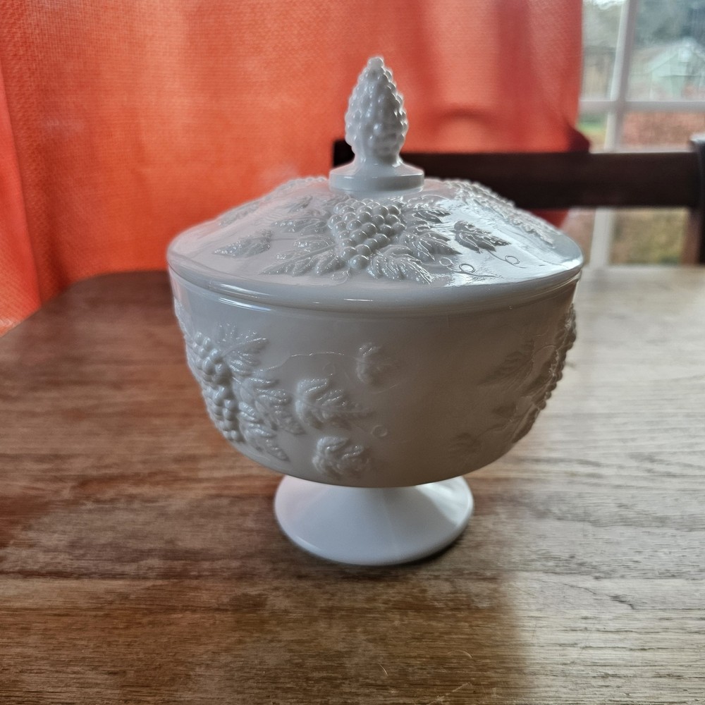 Vintage Westmoreland Milk Glass Grape Candy Dish with Pedestal Lid