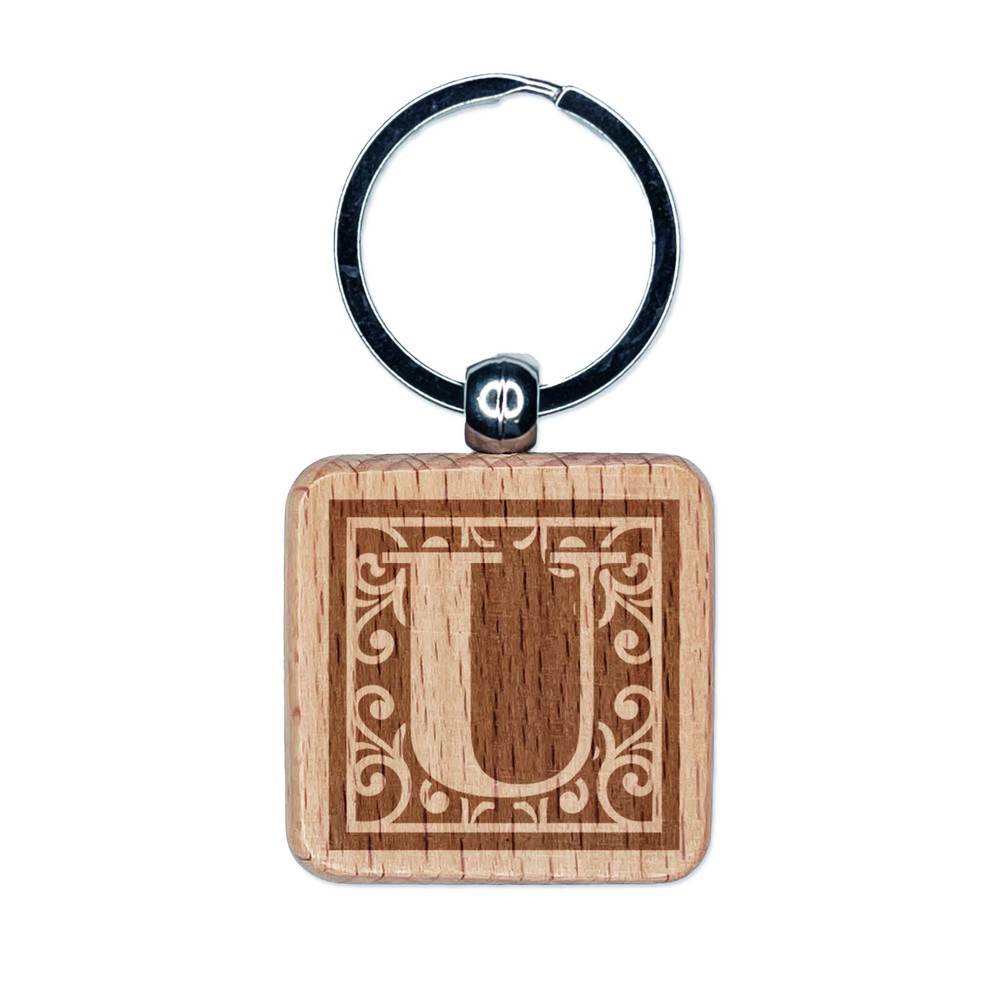 Monogram Swirls Engraved Wood Keychain - Capital Letter U Charm  
