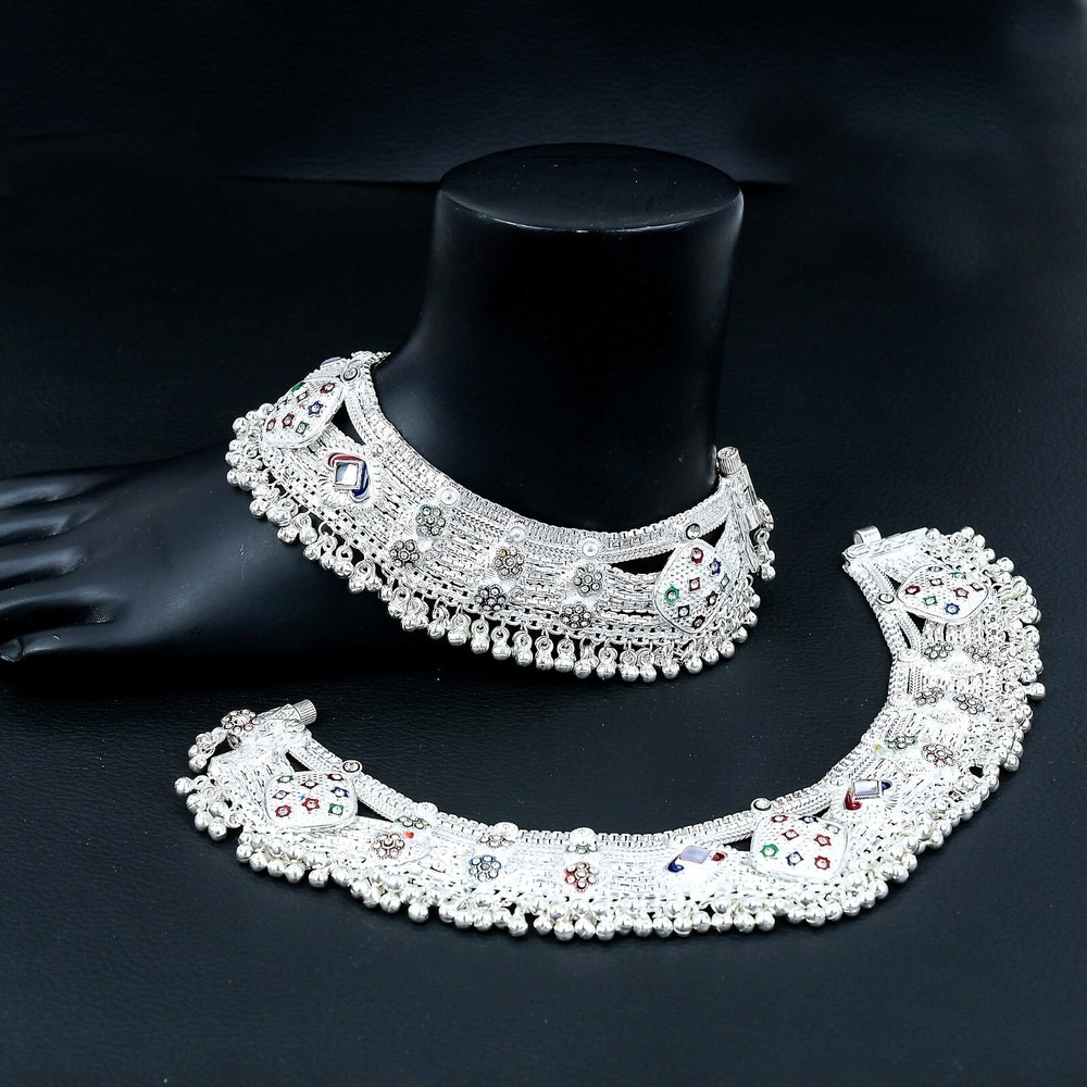 Indian Bridal Payal Pure Silver Anklet 328 Gram  10'' FREE SHIPPING  A107-image