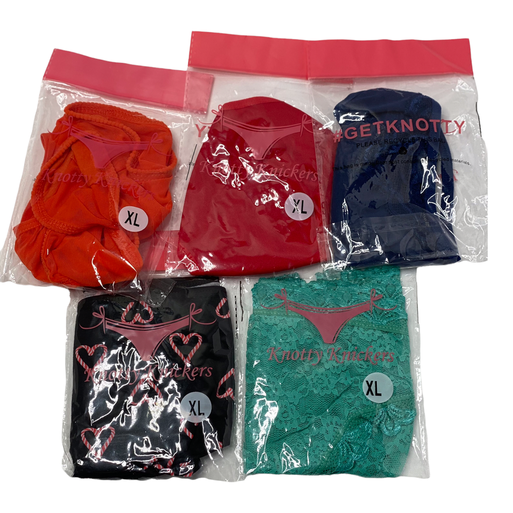 New  Knotty Knickers Set of 5 Panties Sz XL Multicolor Thong Cheeky SEXY (2189)