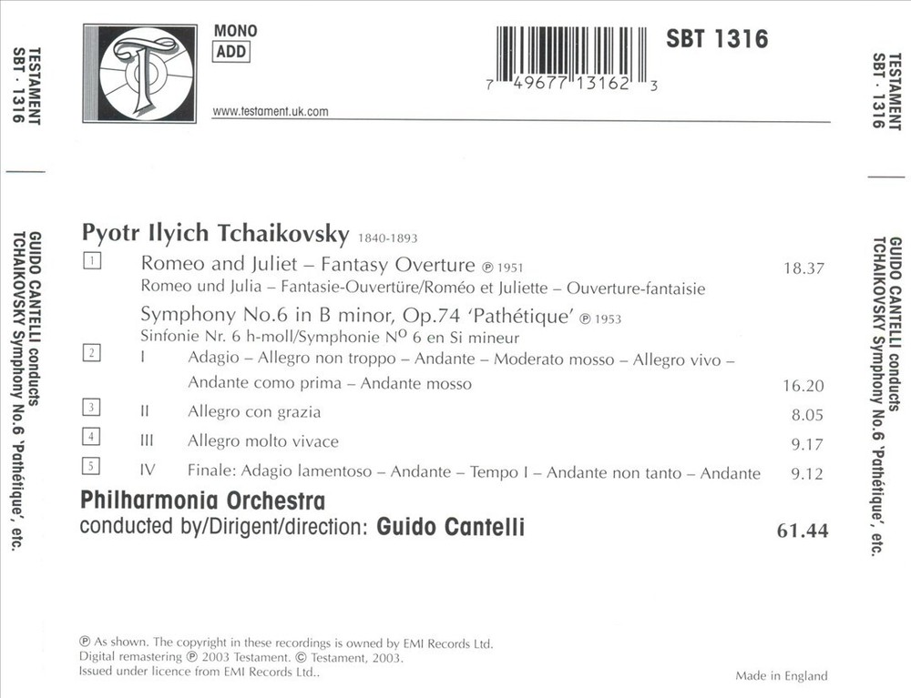 GUIDO CANTELLI TCHAIKOVSKY: ROMEO AND JULIET; SYMPHONY NO. 6 (