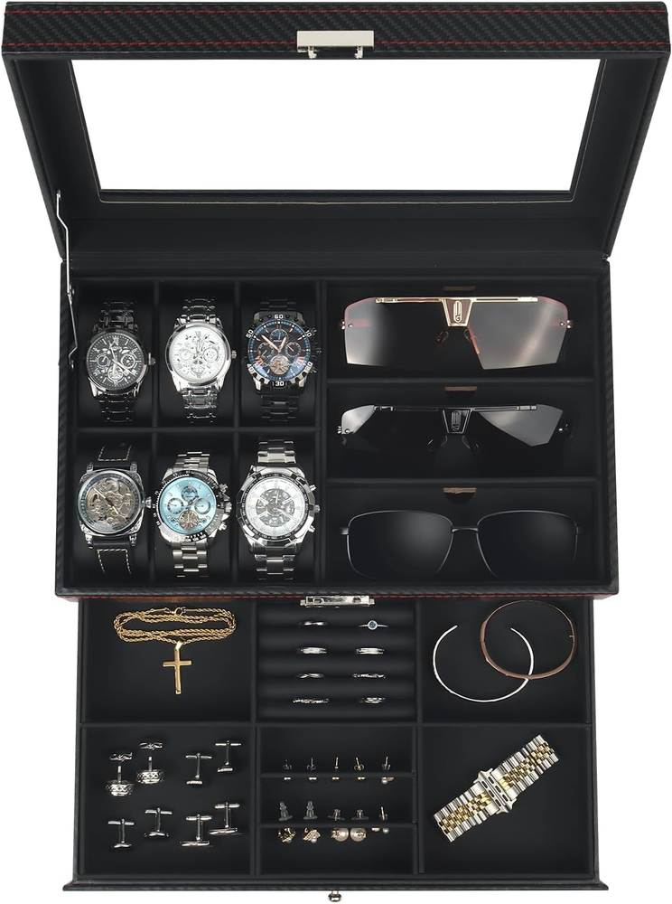 6-Slot 2-Layer Watch Jewelry Box with Sunglasses Storage Organizer