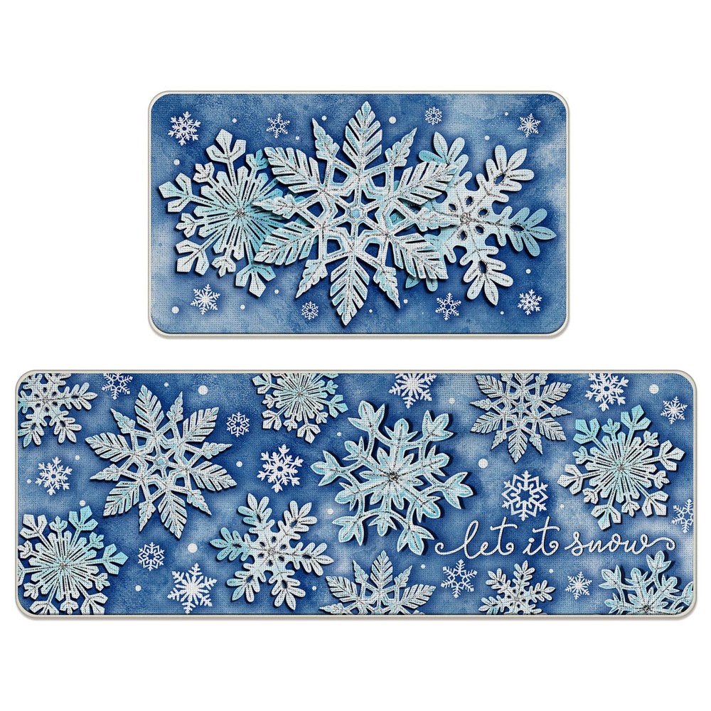 Snowflake Blue Kitchen Rugs Set of 2 Non-Slip Winter Mats