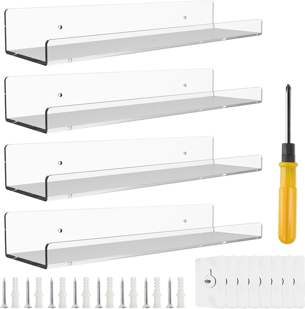 4 Pack 15'' Clear Acrylic Shelves for Wall Mounted Display Ledge Storage Racks