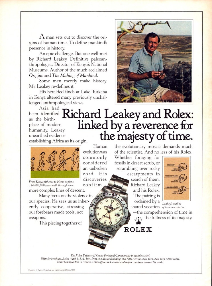 Rolex Explorer II Richard Leakey 1985 Vintage Print Ad