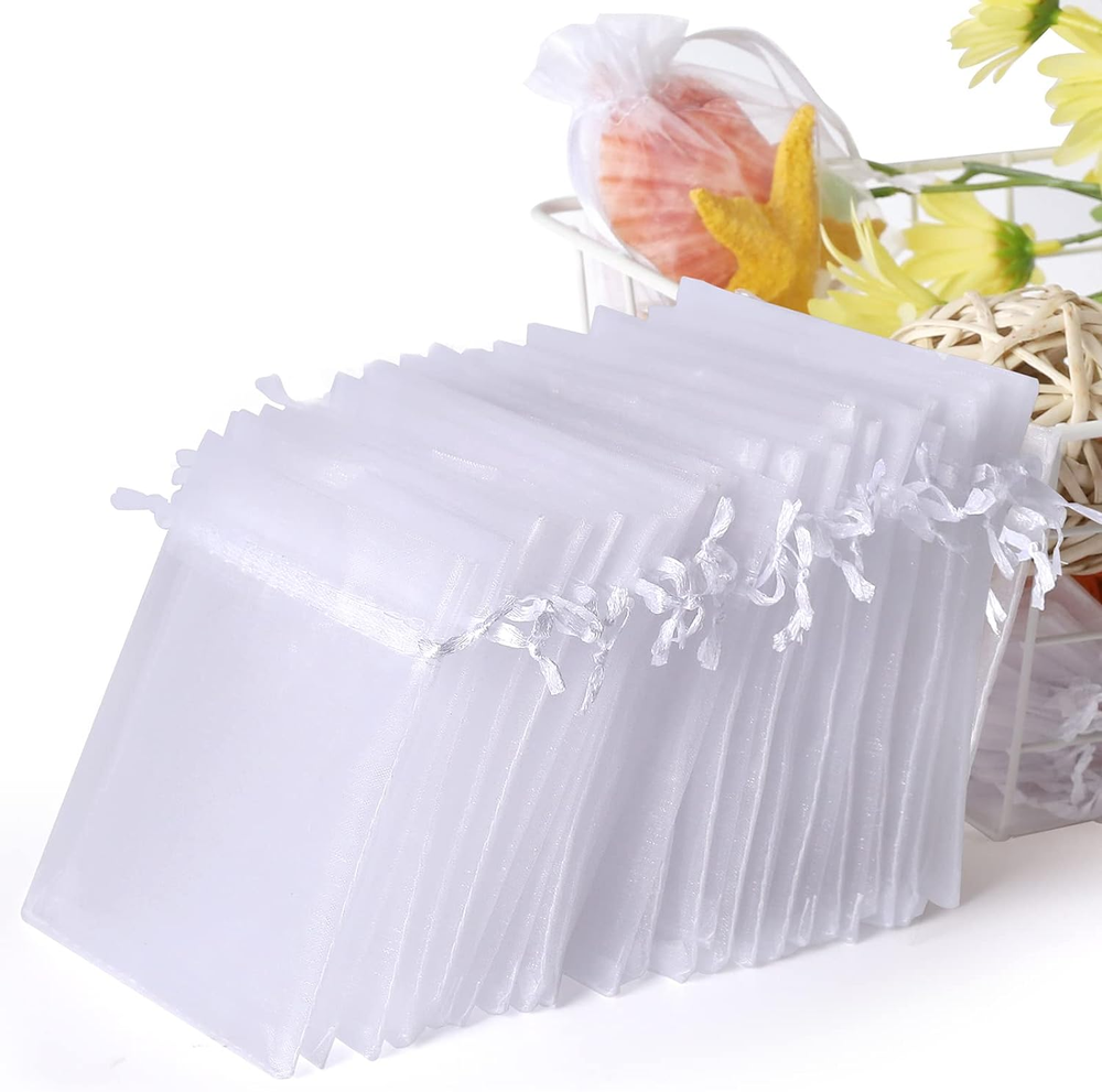 100PCS 4x6 Inch White Organza Drawstring Bags for Jewelry Gifts & Favors