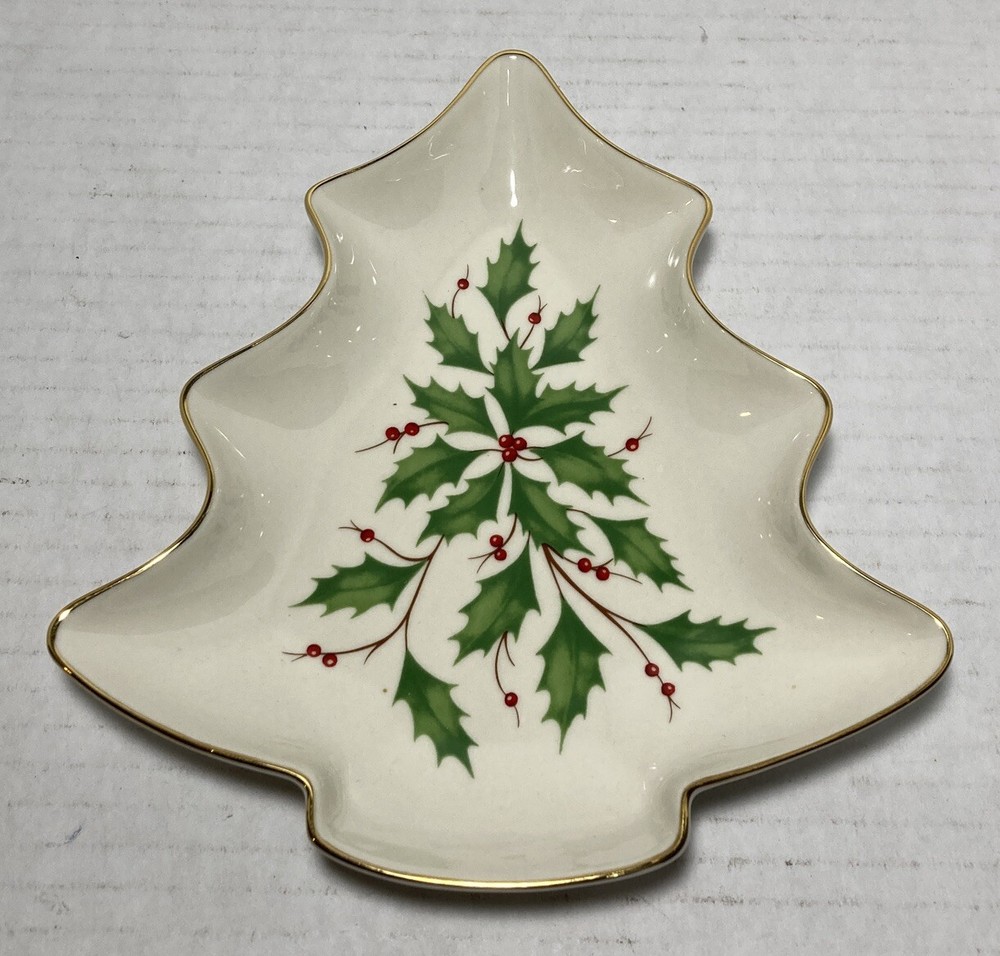 Lenox Holiday Tree Candy Trinket Dish 24k Gold Trim Holly Berry Christmas Plate