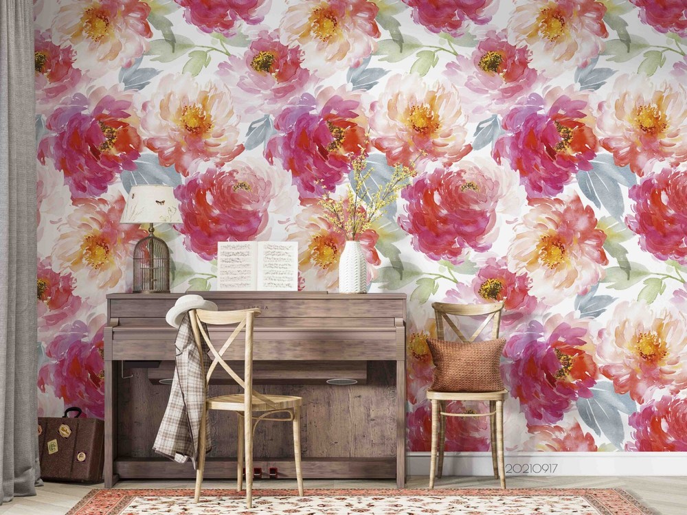3D Watercolor Pink Floral Wall Murals Wallpaper Murals Wall Sticker