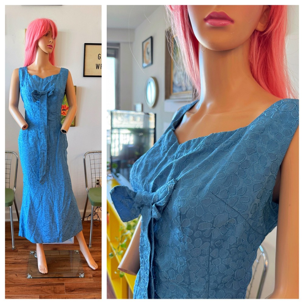 Vintage 50s 3D Brocade Bow Hourglass Volup Pinup Wiggle Party Evening Dress M