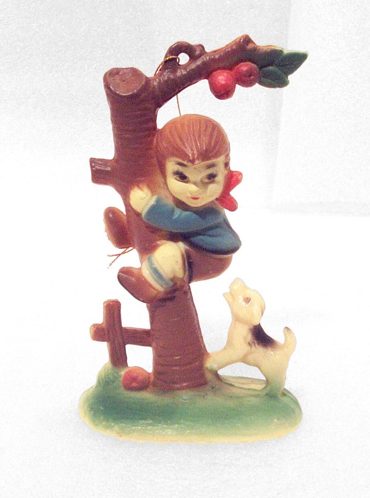 Vintage Boy Chased Up Tree by Puppy Dog Ornament Figure Hong Kong Christmas