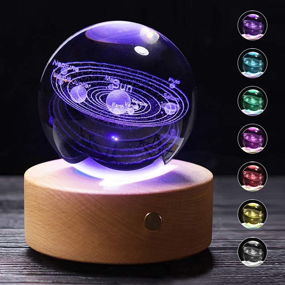 3D Solar System Crystal Ball with Wood Base, Engraved Universe Planet Sphere,...