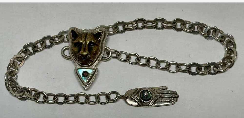Sterling Silver Anklet with Bronze Jaguar and Silver Hand Charm Up to 11 Inches
