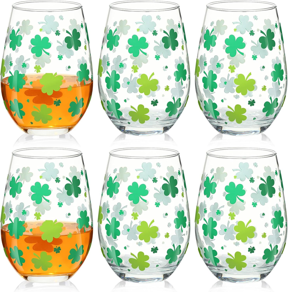 St Patrick's Day 6-Pack 18oz Green Shamrock Stemless Wine Glasses