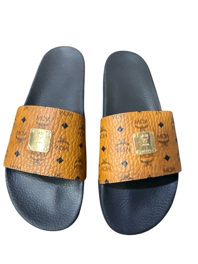 MCM Men's Monogram Slide Sandals Brown Black