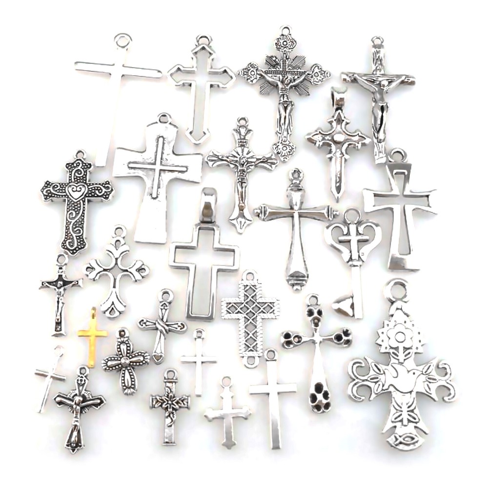 25-Piece Vintage Silver Alloy Cross Pendant Charm Necklace Religious Faith Jewelry Mix