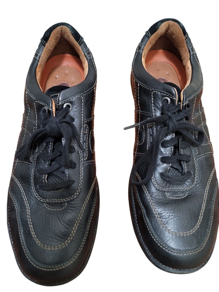 Clarks Mens Black Leather Lace-Up Sneakers Comfortable Casual Unstructured Design