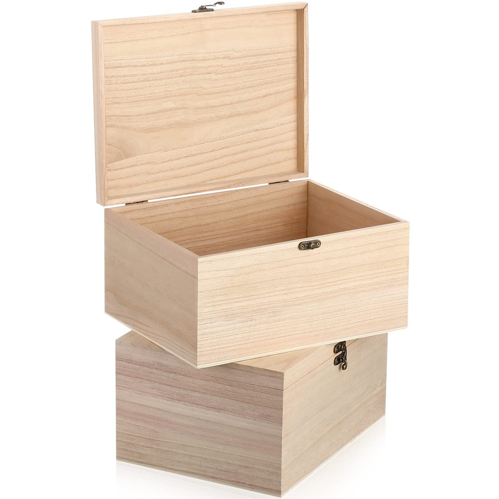 Yookeer 2 Pcs Large Unfinished Wooden Box with Hinged Lid and Front Clasp, Re...