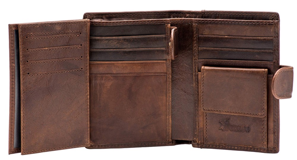 Large RFID Genuine Leather Card Holder Trifold Wallet Snap Closure 3 ID Windo...