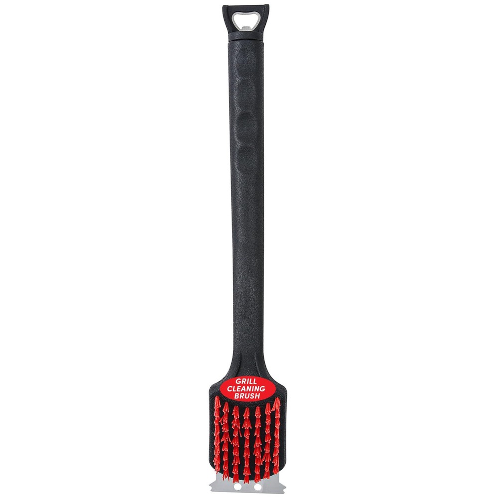 Heavy-duty grill brush with scraper, nylon bristles, bottle opener, and rubber grip