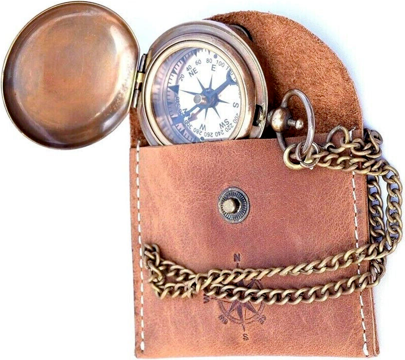 Push Button Engraved compass Brass and Leather bag With Pocket Compass Golden