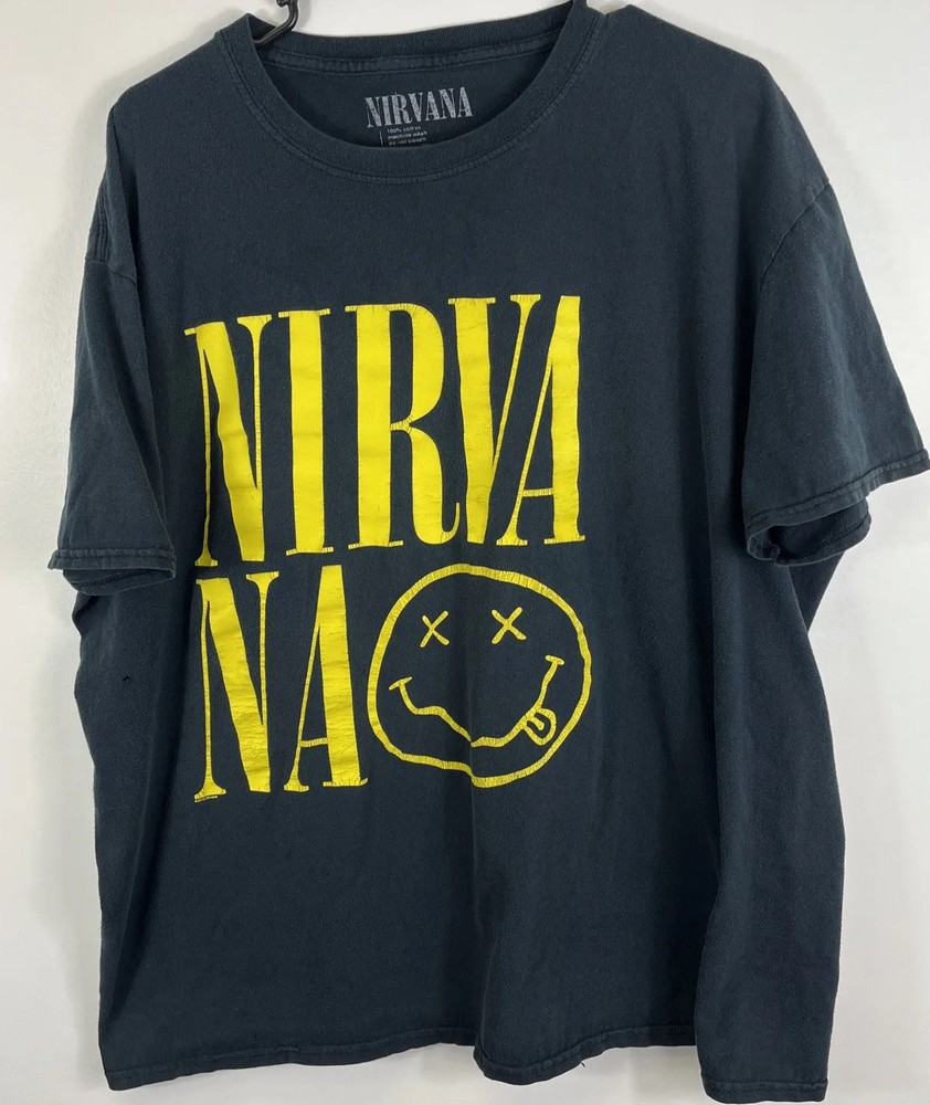 Retro Nirvana Smiley Face TShirt Kurt Cobain Grunge Band Tee 2XL Distressed