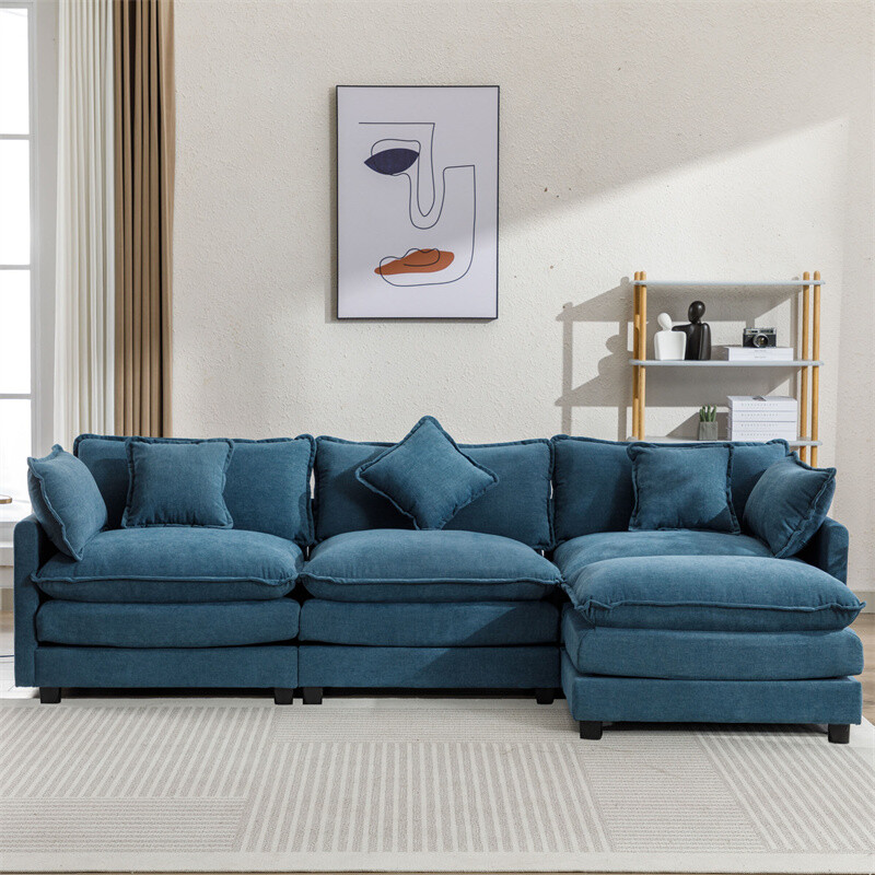 Modern Chenille L-Shaped 4-Seat Sectional Sofa with Ottoman and Pillows