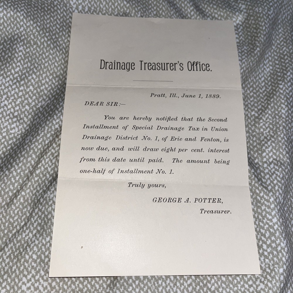 1889 Antique Drainage Tax Installment Notification: Pratt Erie / Fenton Illinois-image