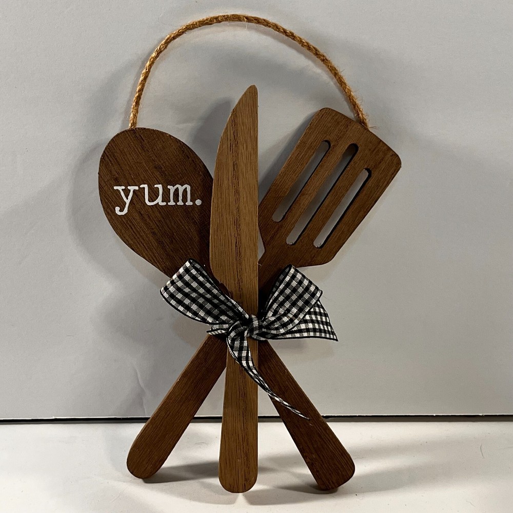 YUM Spoon Fork Knife Wall Decor Wood Gingham Bow Jute Hanger 7