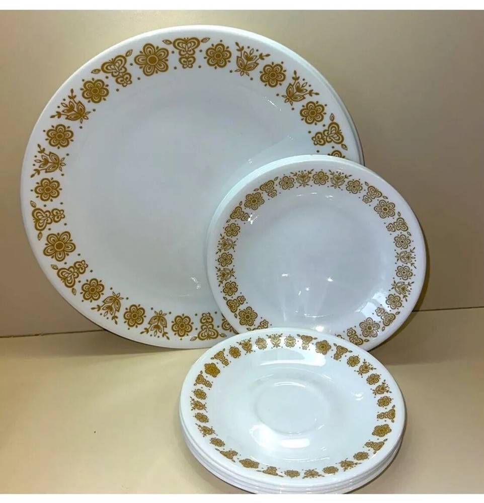 VINTAGE:1970s Corelle Dishes GOLD/WHITES Classic Antique Dinner/Small/Tea Plates