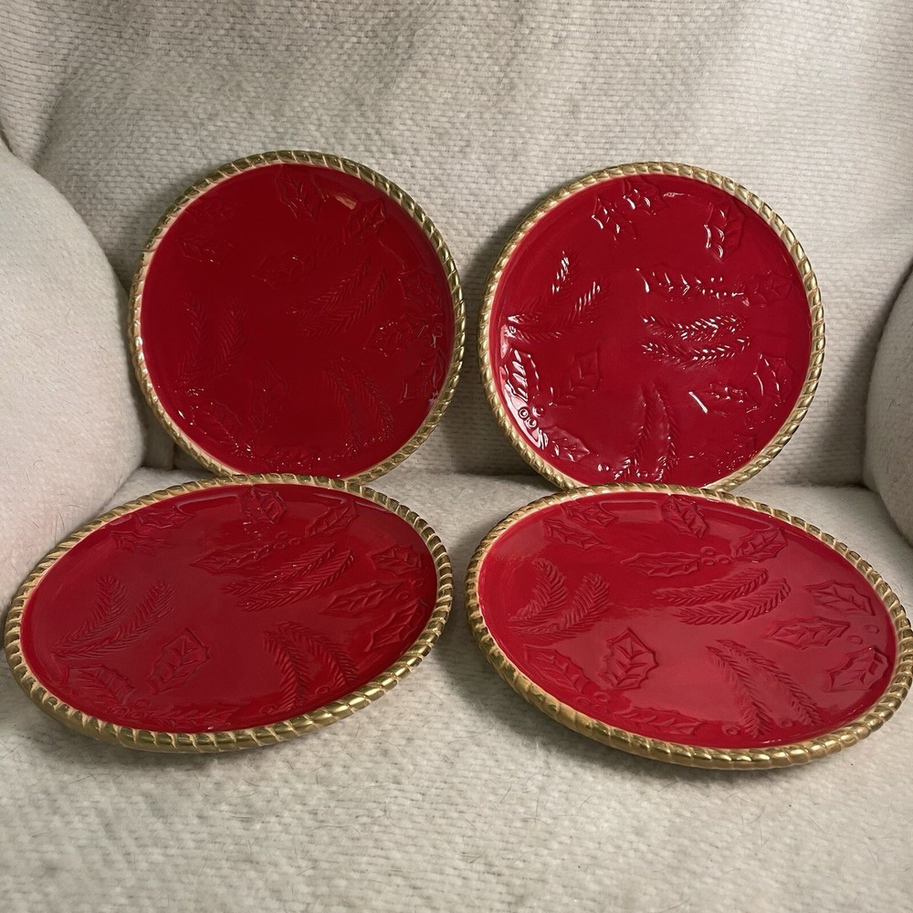 Studio Nova Woodland Holly Santa Dessert Plates Ceramic Handpainted Set 4