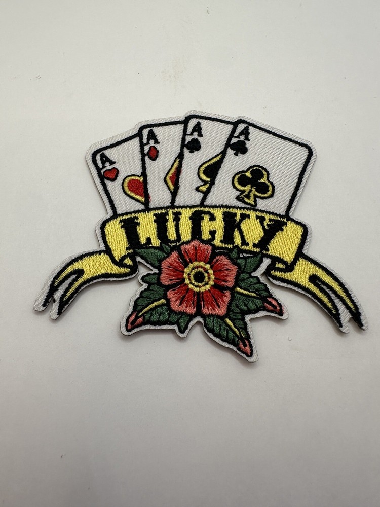 Lucky Aces Patch Iron On 3.5” X 3” Tattoo Style Embroidered Four Of A Kind