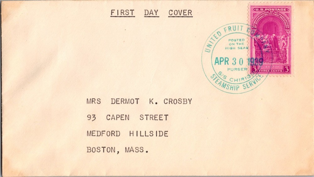 1939 USA Stamp SS Chiriqui United Fruit Company UFC Cover to Boston FDC