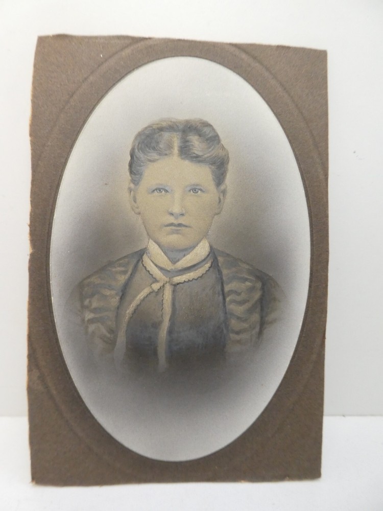 ANTIQUE BLACK WHITE PHOTO PORTRAIT OF LADY HAND PAINTED ON MOUNT CARD BOARD