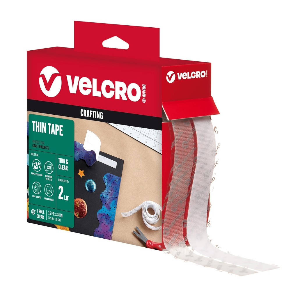 VELCRO Brand Thin Clear Tape | 15 Ft x ¾” | Cut Strips to Length | Home Offic...