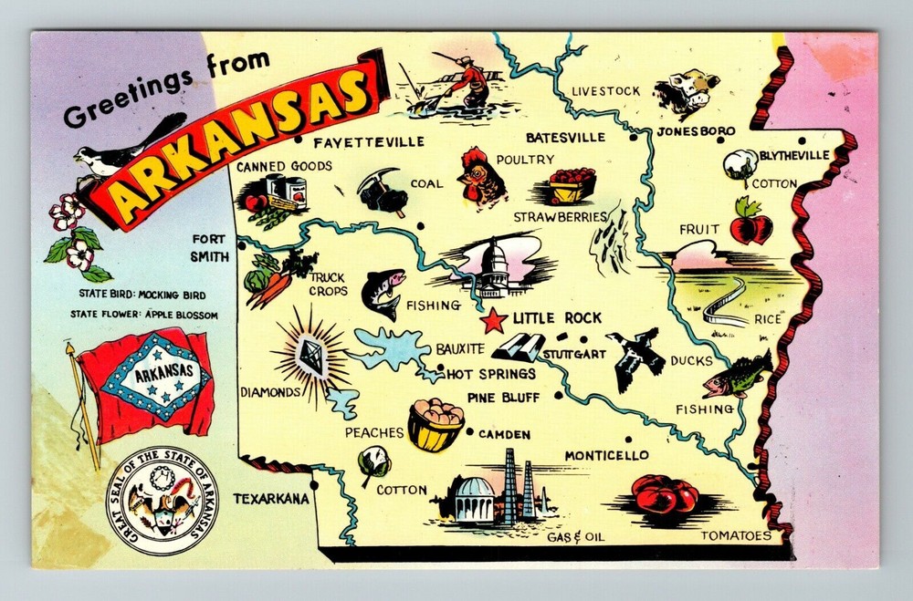 AR-Arkansas, Greetings View Map, Landmarks, Vintage Postcard