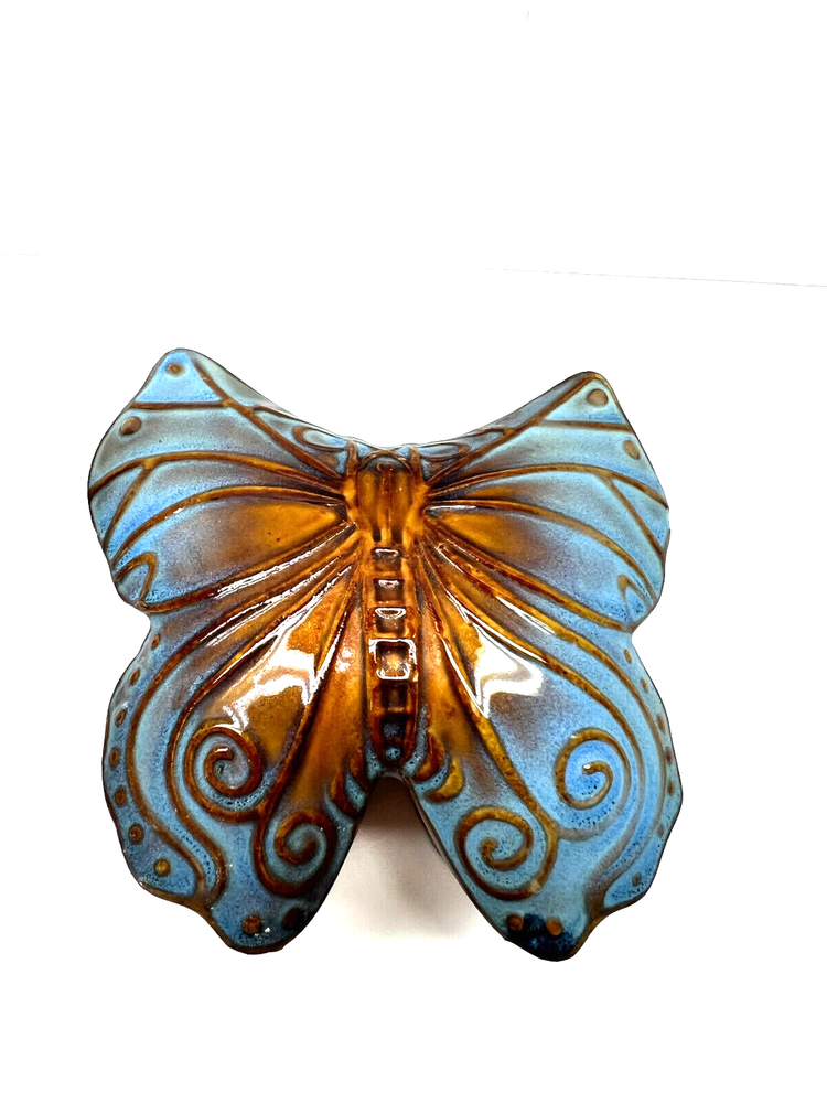 Vintage Glazed Ceramic Butterfly Shaped Lidded Trinket Box Blue And Brown 4x4 in