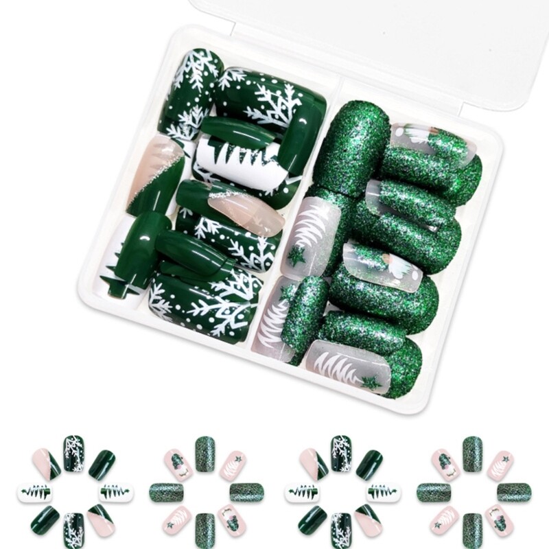 48 Pcs Short Square Press On Nails with Festive Snowflake Designs for Christmas