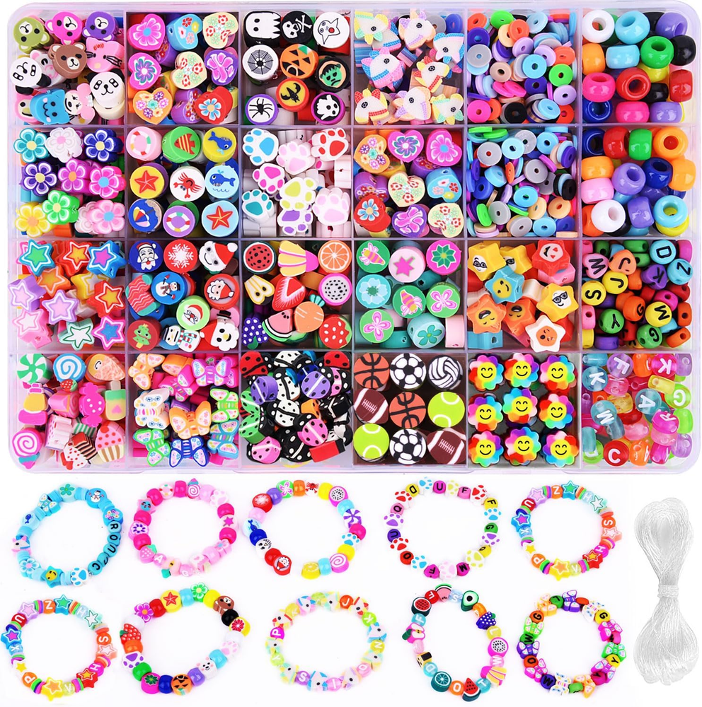 1000PCS Polymer Clay Beads Kit for DIY Bracelets - 24 Fun Fruit & Floral Styles
