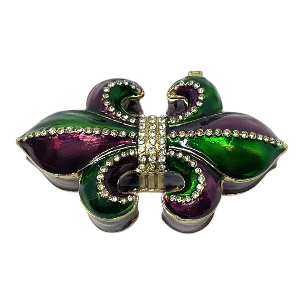 Green Purple French Fleur De Lis Jeweled Crystal Jewelry Trinket Box