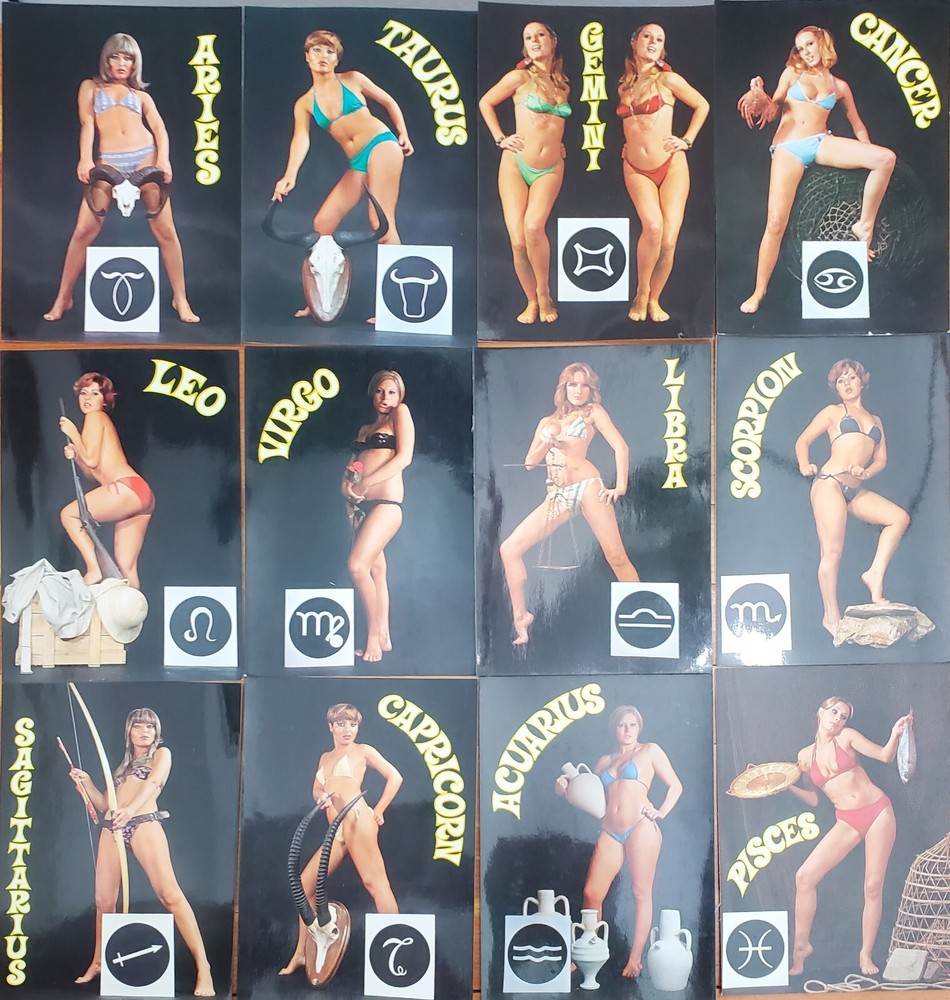 Vyg. 70s-80's Pin-Up Bikini Girls Zodiac Postcards Complete Astrology signs Set