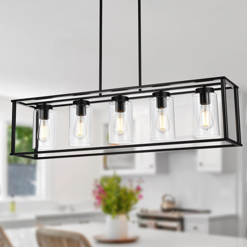 Farmhouse Chandeliers Rectangle Black 5 Light Dining Room Lighting Fixtures Hang