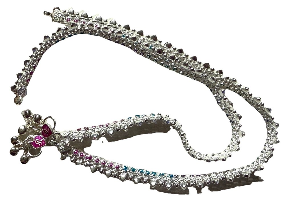 PAIR STERLING SILVER payal red green meena crystals BELL ANKLET BOLLYWOOD INDIA-image