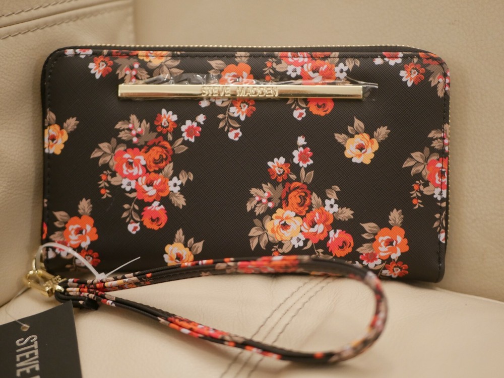 Steve Madden Black Floral Wristlet Wallet for Women with Wrist Strap Large Size W Tags