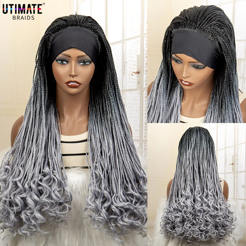 Braided Headband Wig for Black Women with Curly Ends Box Braid Wig