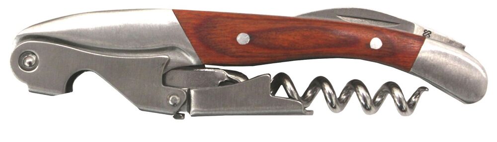 Corkscrew Wine Bottle Opener Waiters Key Wood Double Hinged with Foil Cutter