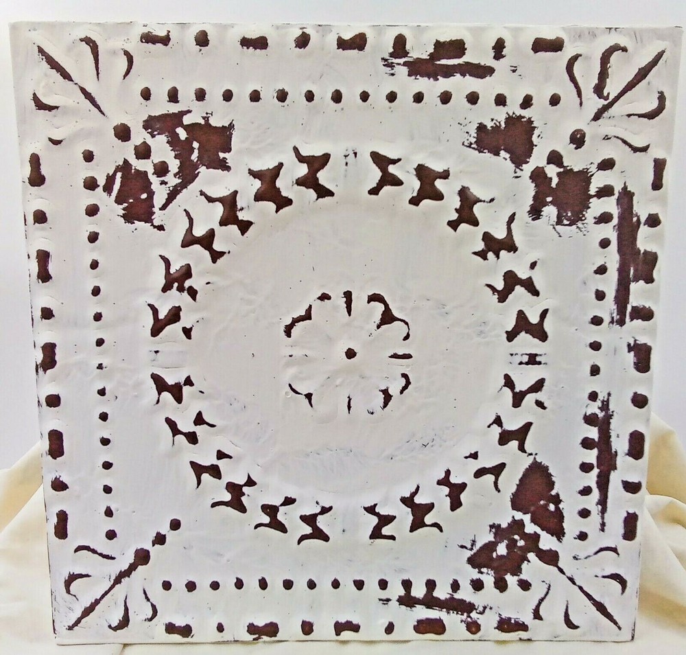 Rustic White Distressed Embossed Metal Wall Pocket Hanging Mount 10x10x2 Inch