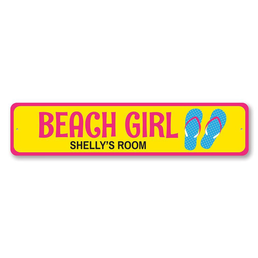 Beach Girl Sign, Personalized Flip Flops Kid Name Bedroom Metal Decor Sign