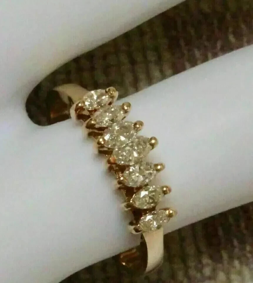 1.00 Ct Marquise Cut Moissanite 7-Stone Engagement Ring 14K Yellow Gold Plated